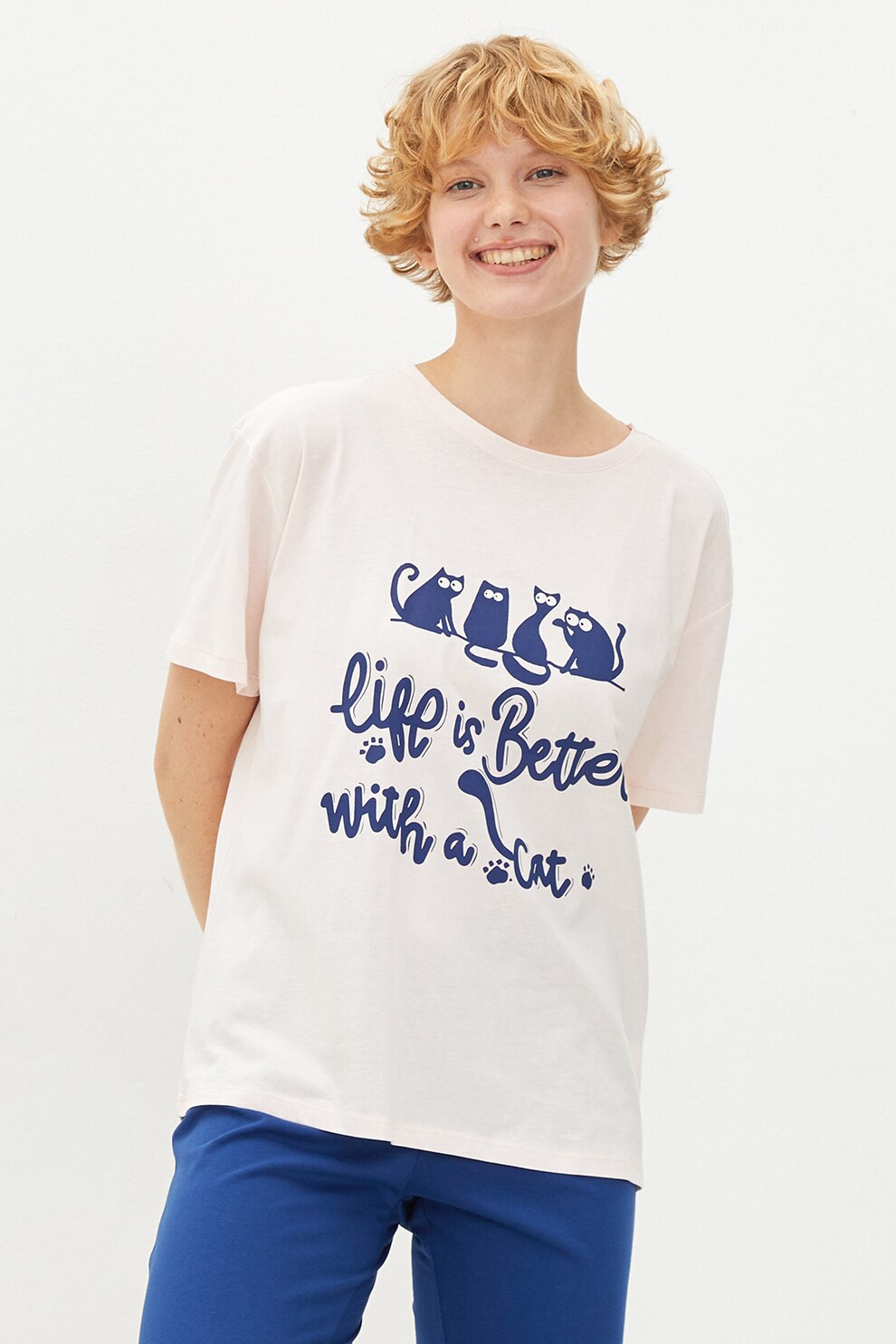 LC WAIKIKI, Pijama cu imprimeu text, Albastru royal/roz pal