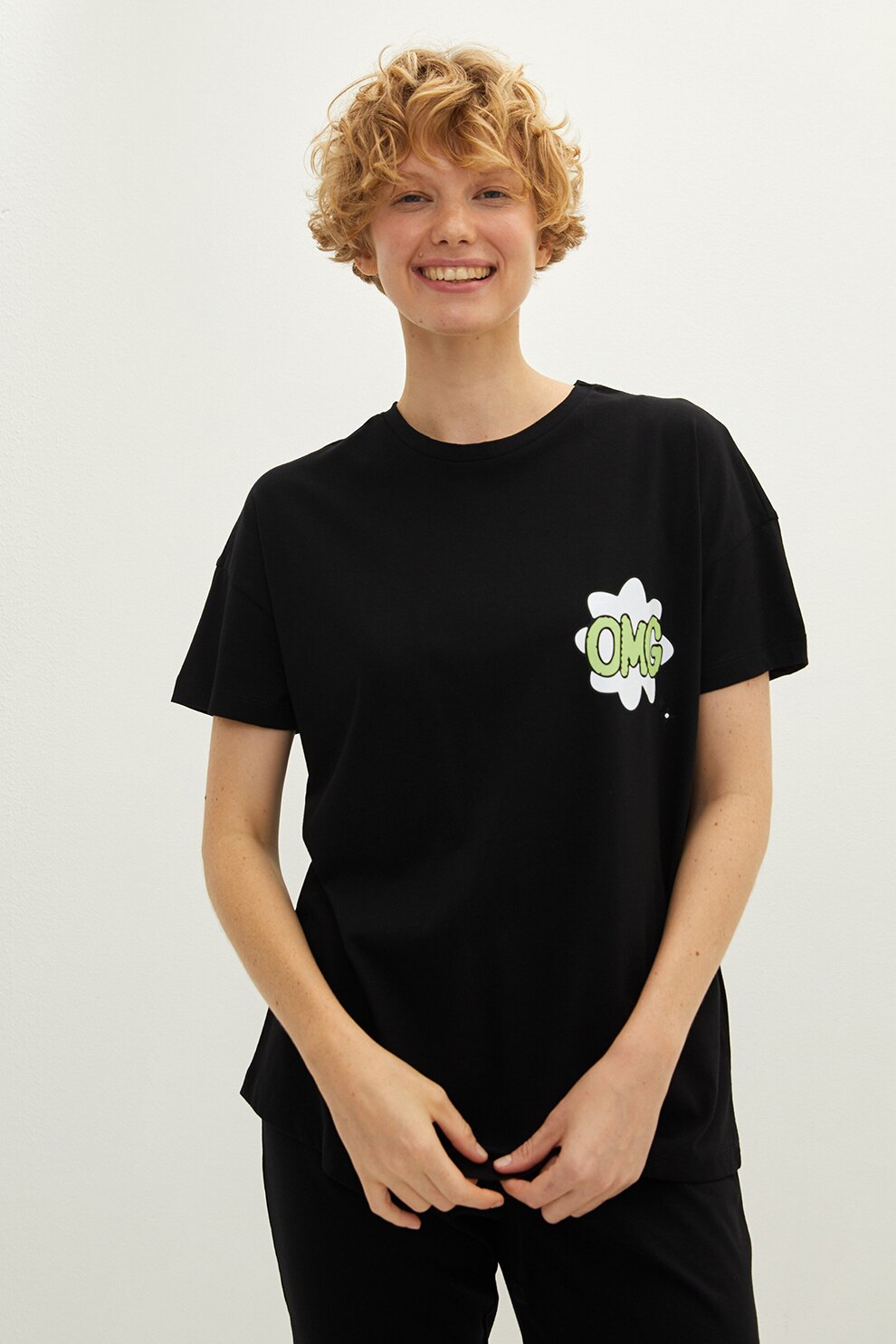 LC WAIKIKI, Tricou si pantaloni de pijama, din bumbac, Negru