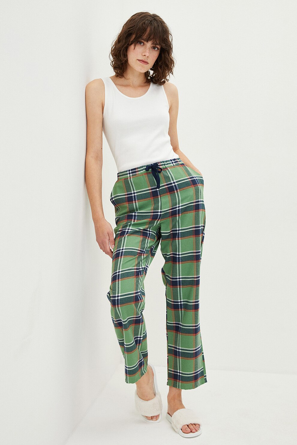 LC WAIKIKI, Pantaloni de pijama din amestec de bumbac cu model in carouri, Verde/Bleumarin/Rosu