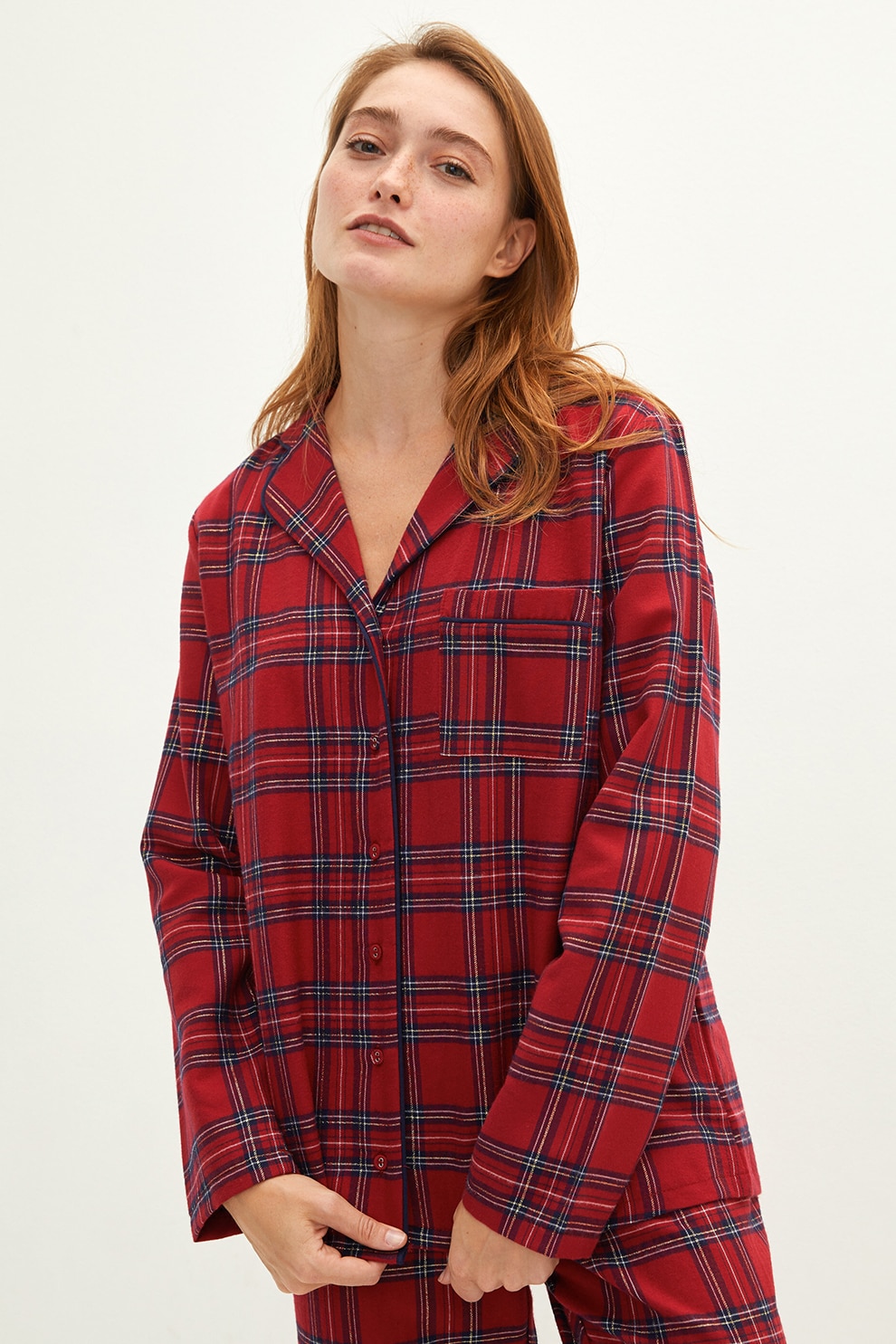 LC WAIKIKI, Pijama cu model in carouri si buzunar pe piept, Rosu/Bleumarin, 2XL