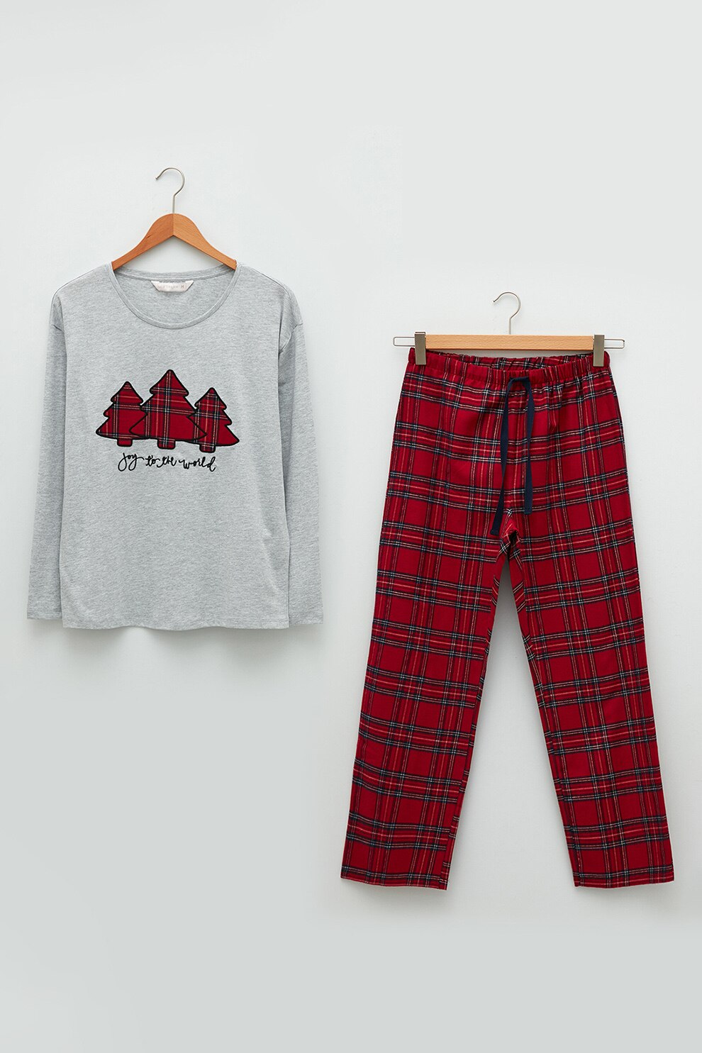 LC WAIKIKI, Pijama lunga din amestec de bumbac cu imprimeu, Rosu/Gri melange