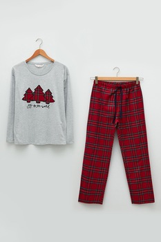 LC WAIKIKI, Pijama lunga din amestec de bumbac cu imprimeu, Rosu/Gri melange LC WAIKIKI, Pijama lunga din amestec de bumbac cu imprimeu, Rosu/Gri melange