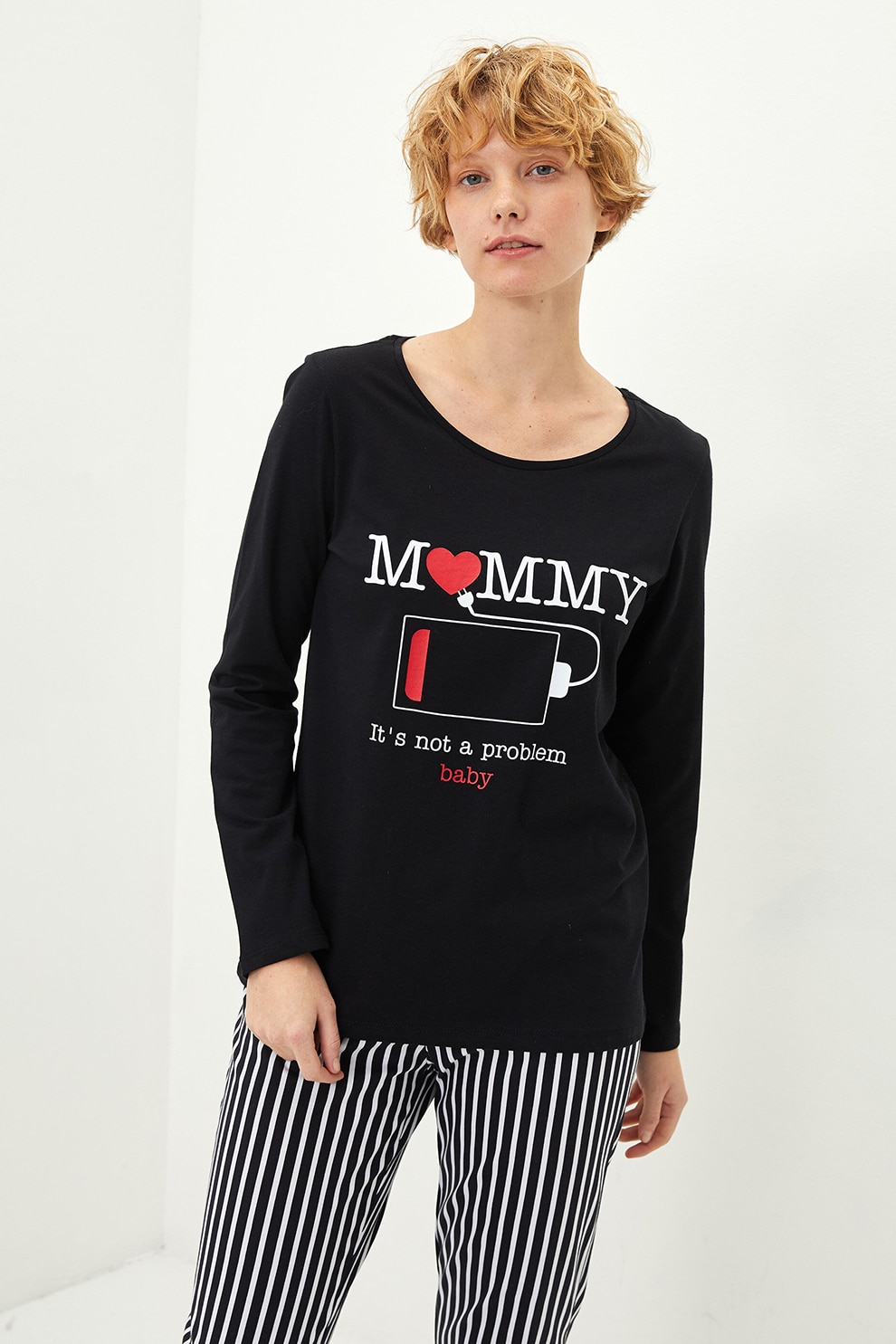 LC WAIKIKI, Pijama de bumbac cu imprimeu, Negru/Alb