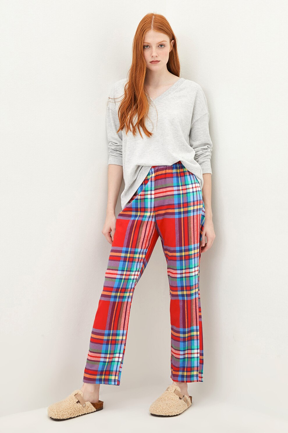 LC WAIKIKI, Pantaloni de pijama cu model in carouri, Rosu/Albastru/Gri deschis melange