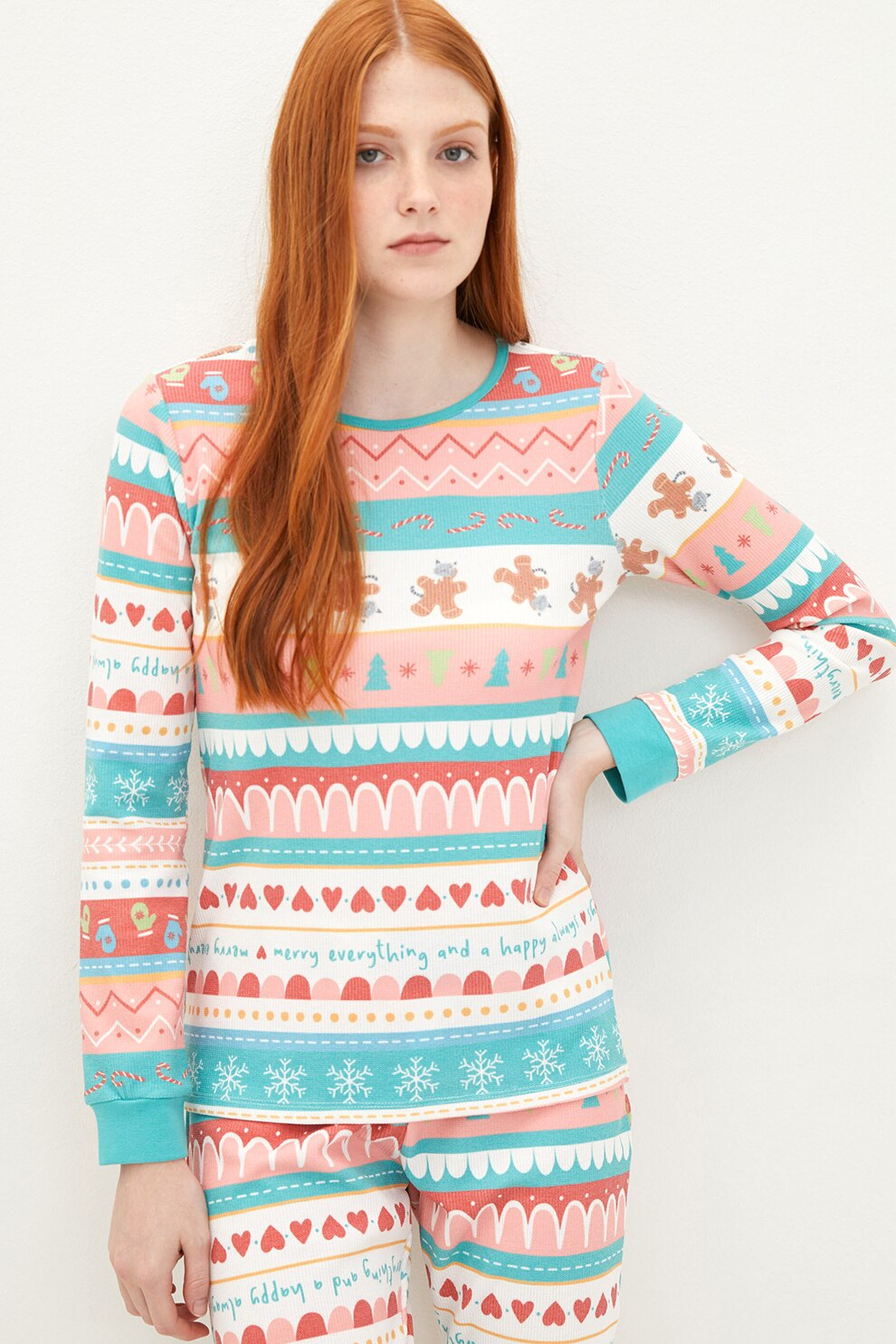 LC WAIKIKI, Pijama cu model grafic, Roz/albastru turcoaz/rosu