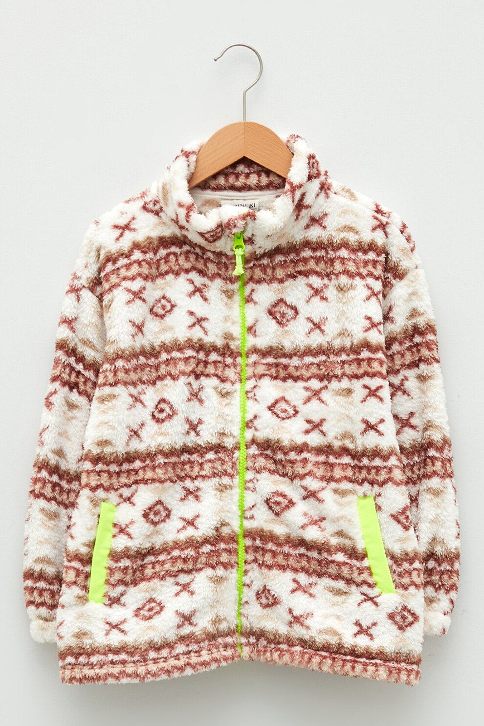 LC WAIKIKI, Bluza sport din material teddy cu fermoar, Rosu inchis/Crem
