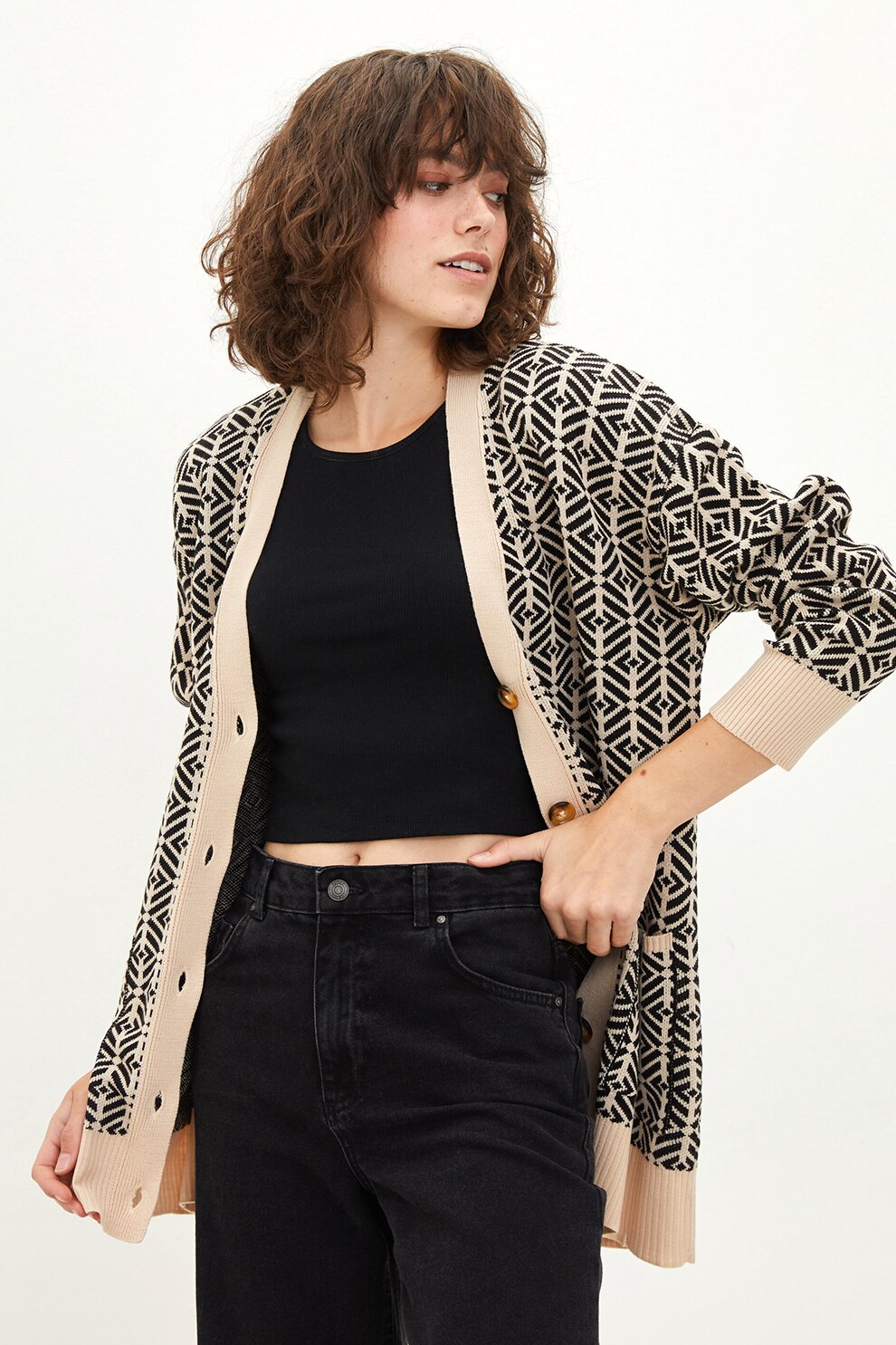 LC WAIKIKI, Cardigan cu nasturi si imprimeu grafic, Negru/Bej