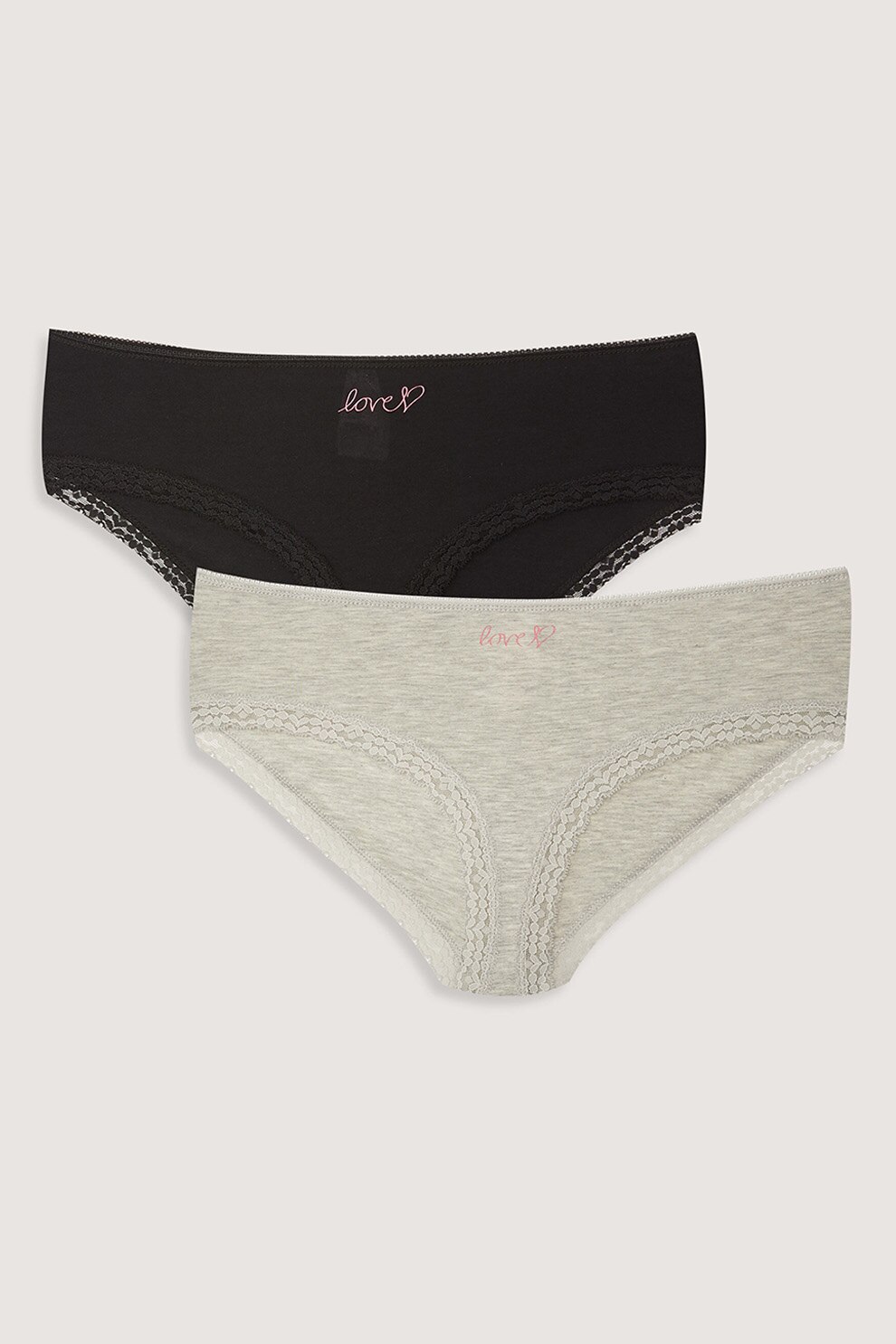 LC WAIKIKI, Set de chiloti hipster cu insertii de dantela - 2 perechi, Negru/Gri melange