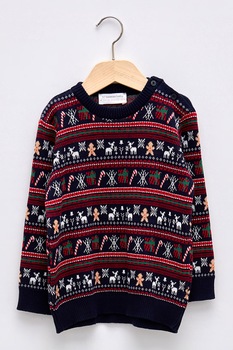 LC WAIKIKI, Pulover cu decolteu la baza gatului si model cu tematica de Craciun, Bleumarin/Rosu/Verde LC WAIKIKI, Pulover cu decolteu la baza gatului si model cu tematica de Craciun, Bleumarin/Rosu/Verde