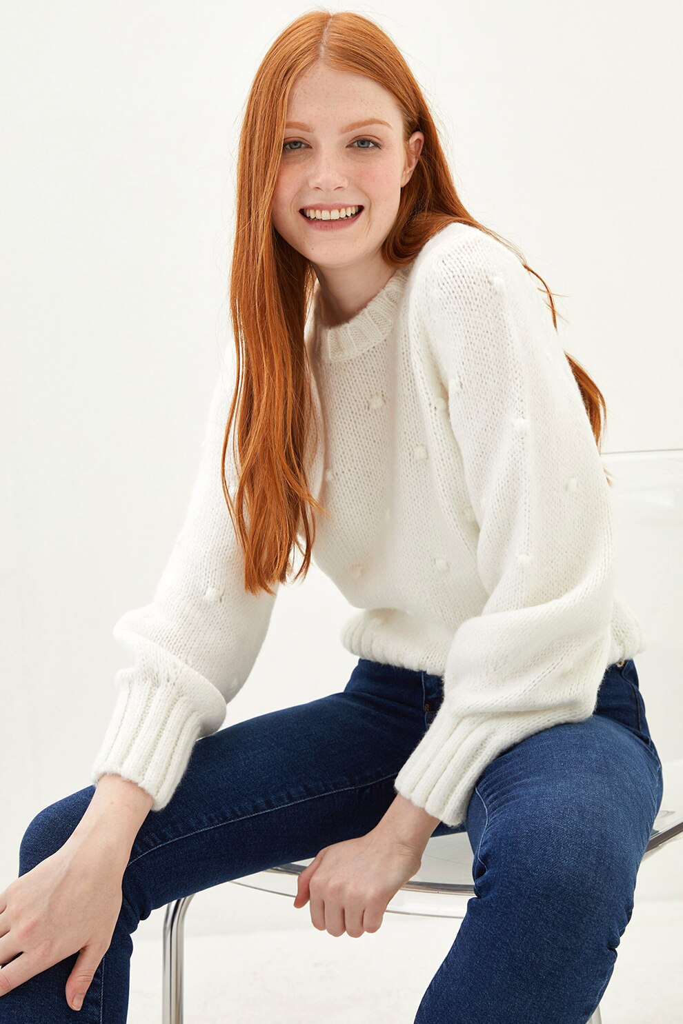 LC WAIKIKI, Pulover cu decolteu rotund si maneci lungi, Alb