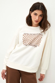 LC WAIKIKI, Bluza sport din amestec de bumbac cu imprimeu, Crem/Maro LC WAIKIKI, Bluza sport din amestec de bumbac cu imprimeu, Crem/Maro