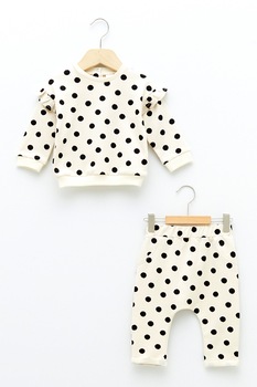 LC WAIKIKI, Set de pantaloni sport si bluza sport cu imprimeu cu buline - 2 piese, Crem/Negru LC WAIKIKI, Set de pantaloni sport si bluza sport cu imprimeu cu buline - 2 piese, Crem/Negru