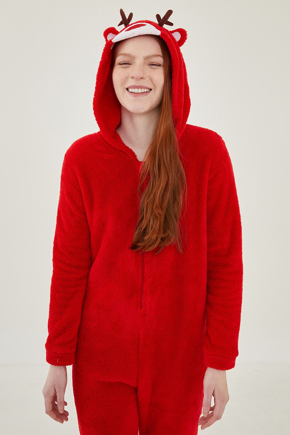 LC WAIKIKI, Salopeta lunga din material teddy cu model ren, Rosu