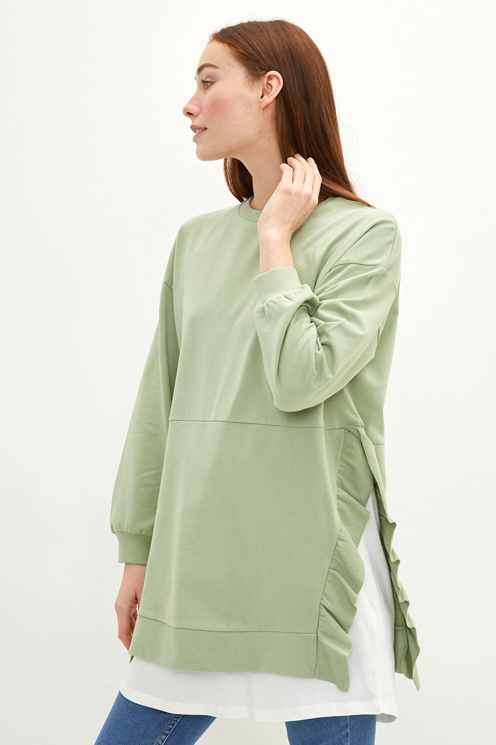 LC WAIKIKI, Bluza lunga cu aspect 2in1, Verde fistic