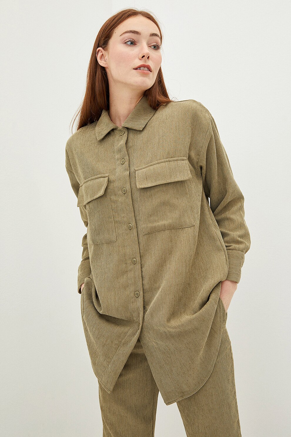 LC WAIKIKI, Camasa cu maneci lungi si buzunare pe piept, Kaki