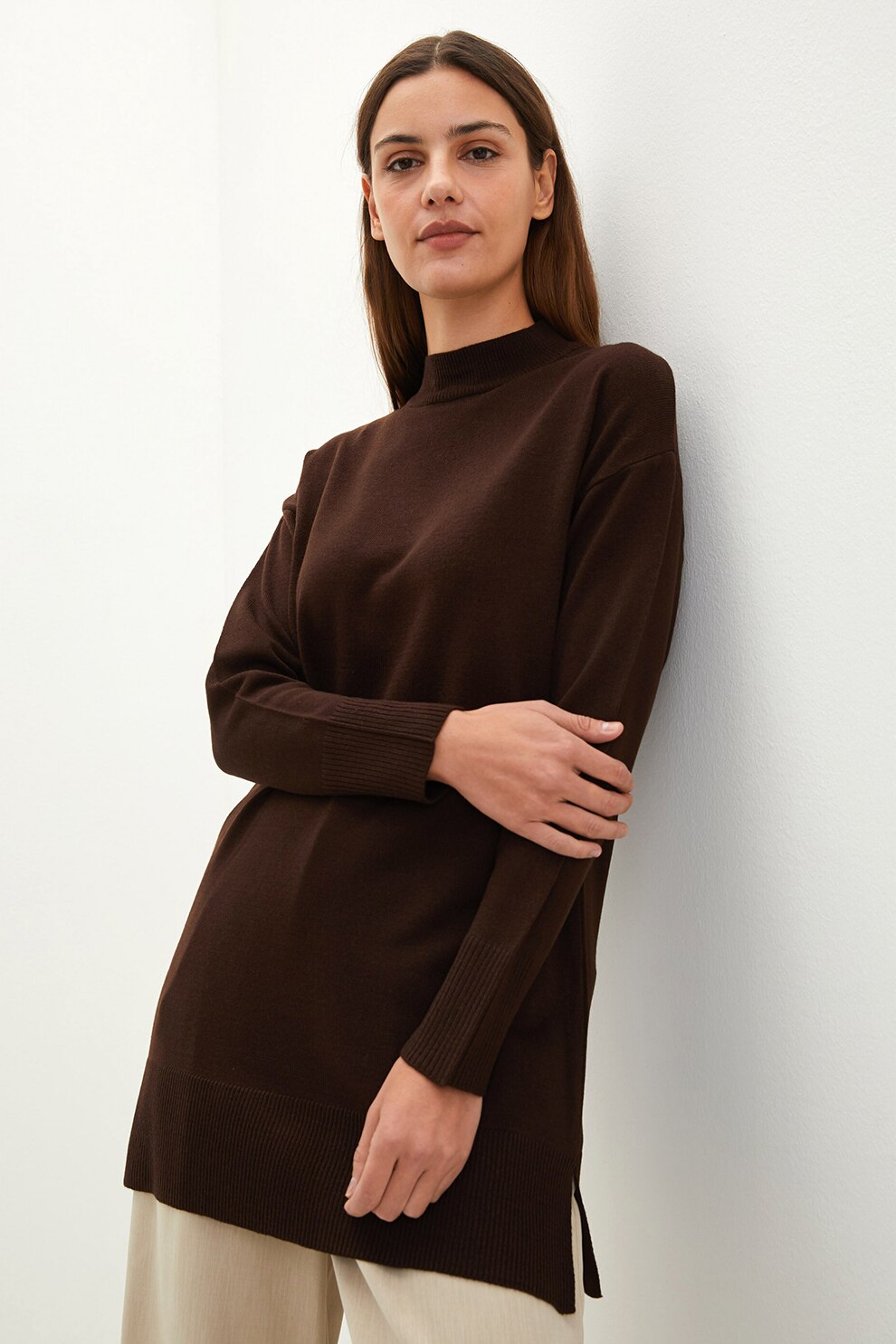 LC WAIKIKI, Pulover lung cu maneci cazute, Maro inchis