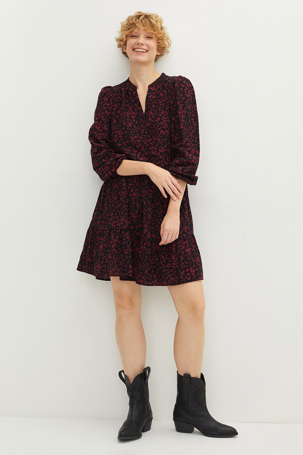 LC WAIKIKI, Rochie evazata cu maneci 3/4, Rosu bordeaux/Negru