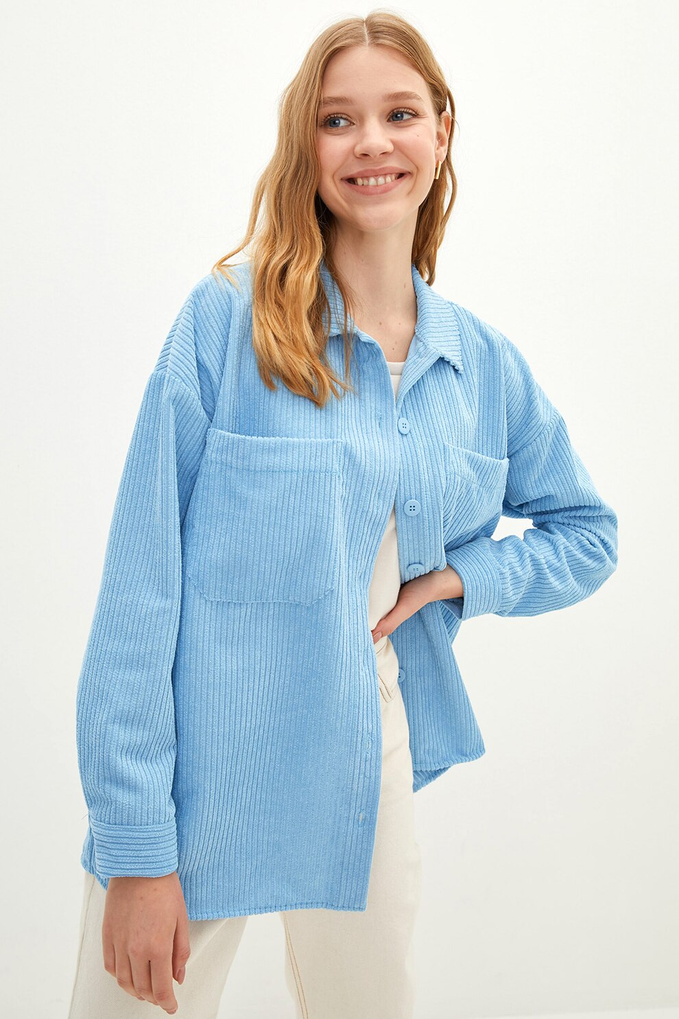 LC WAIKIKI, Jacheta tip camasa din reiat cu maneci cazute, Albastru deschis