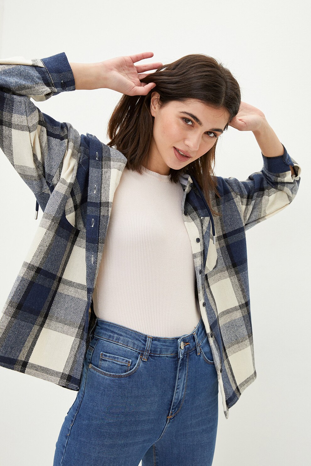 LC WAIKIKI, Jacheta tip camasa cu gluga si buzunare pe piept, Bleumarin/Alb