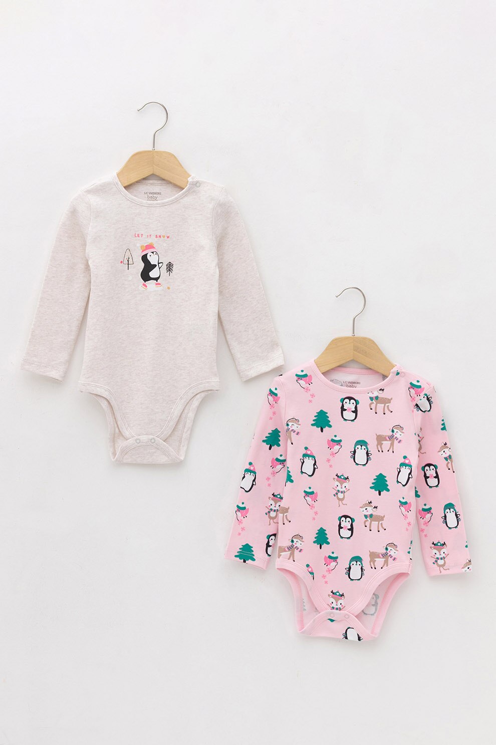 LC WAIKIKI, Set de body-uri din bumbac - 2 piese, Roz/Alb fildes