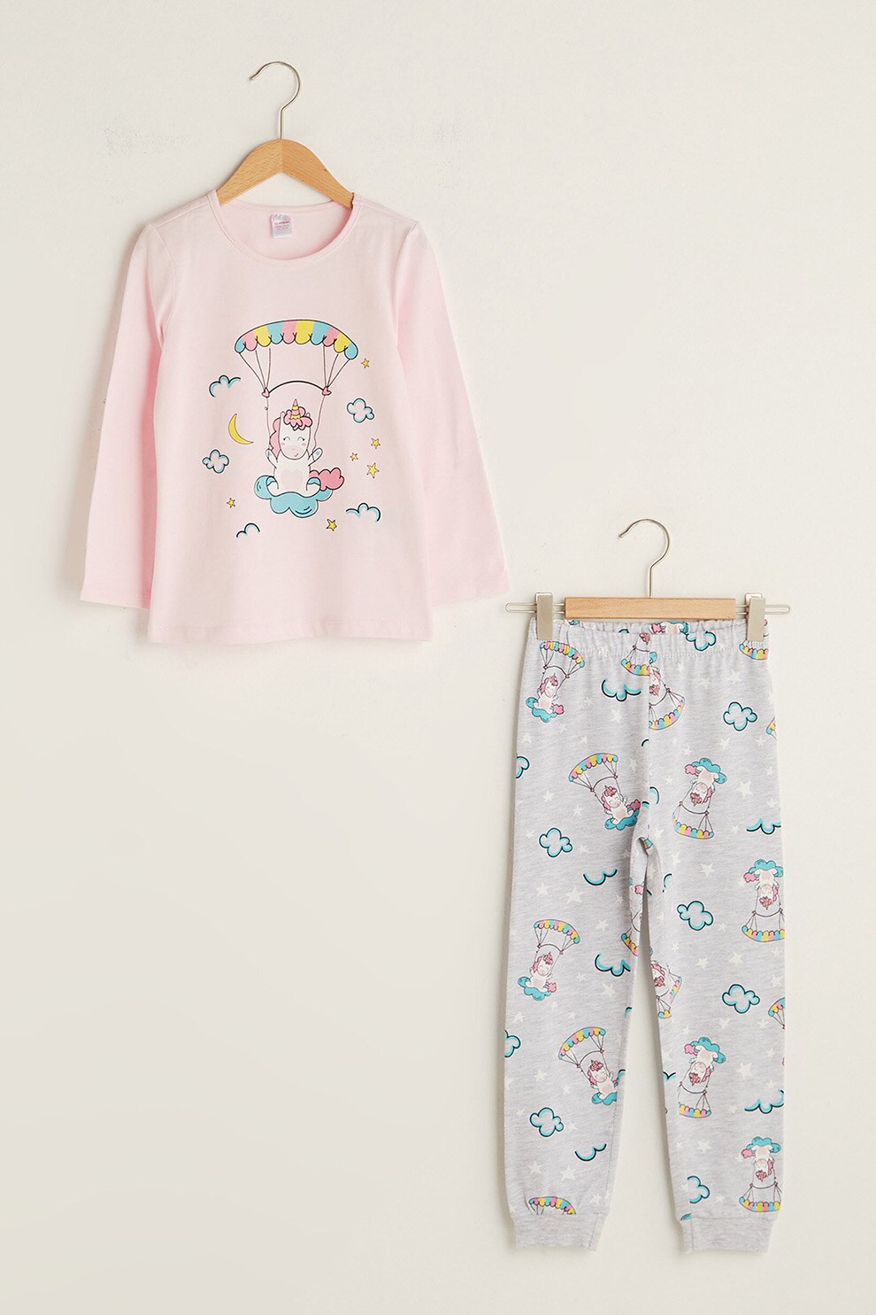 LC WAIKIKI, Pijama din bumbac cu imprimeu grafic, Roz/Gri/Albastru