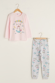 LC WAIKIKI, Pijama din bumbac cu imprimeu grafic, Roz/Gri/Albastru LC WAIKIKI, Pijama din bumbac cu imprimeu grafic, Roz/Gri/Albastru