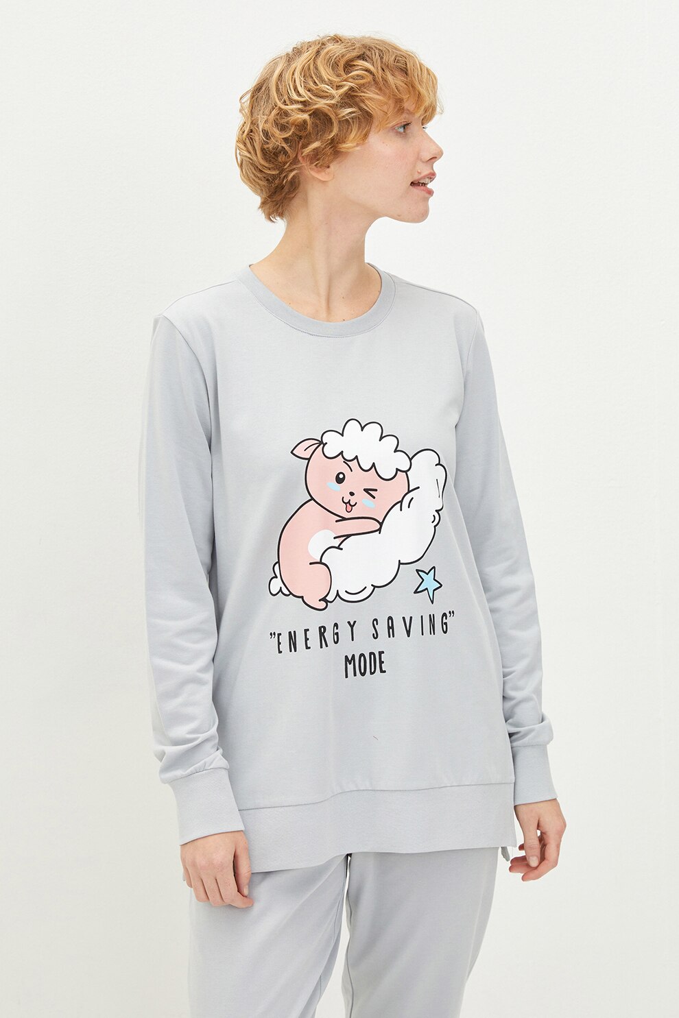 LC WAIKIKI, Pijama din bumbac cu imprimeu, Gri cenusa