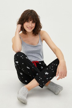 LC WAIKIKI, Pantaloni de pijama din bumbac cu imprimeu, Negru/Gri melange, 3XL LC WAIKIKI, Pantaloni de pijama din bumbac cu imprimeu, Negru/Gri melange, 3XL