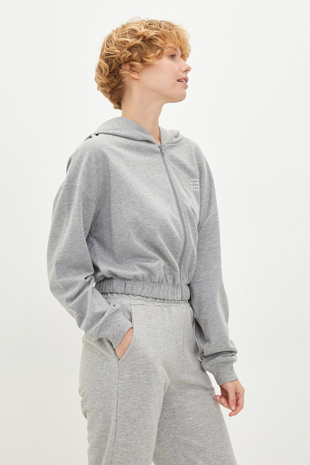 LC WAIKIKI, Hanorac crop cu fermoar si terminatie elastica, Gri melange