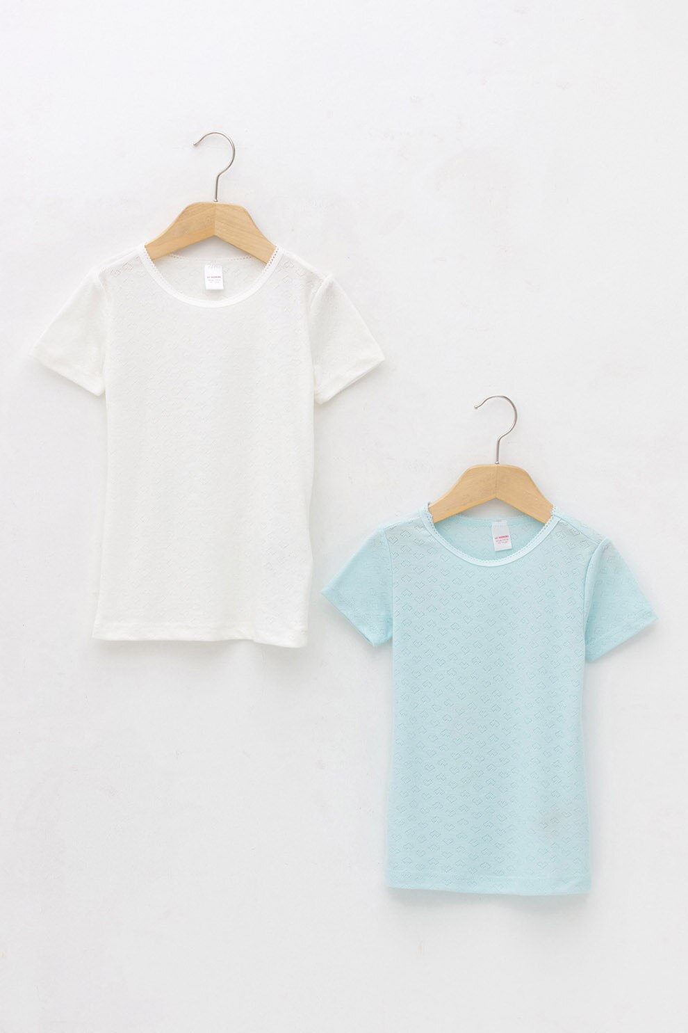 LC WAIKIKI, Set de tricouri cu decolteu la baza gatului si detalii cu model pointelle - 2 piese, Alb/Albastru aqua