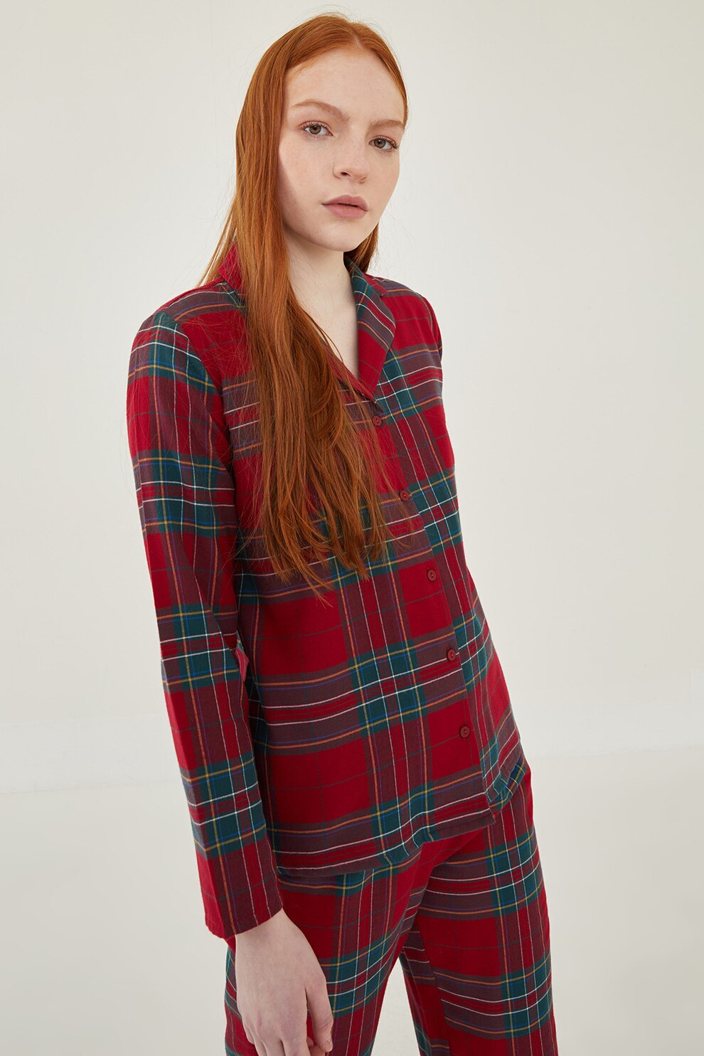 LC WAIKIKI, Pijama cu nasturi si model in carouri, Rosu/Verde