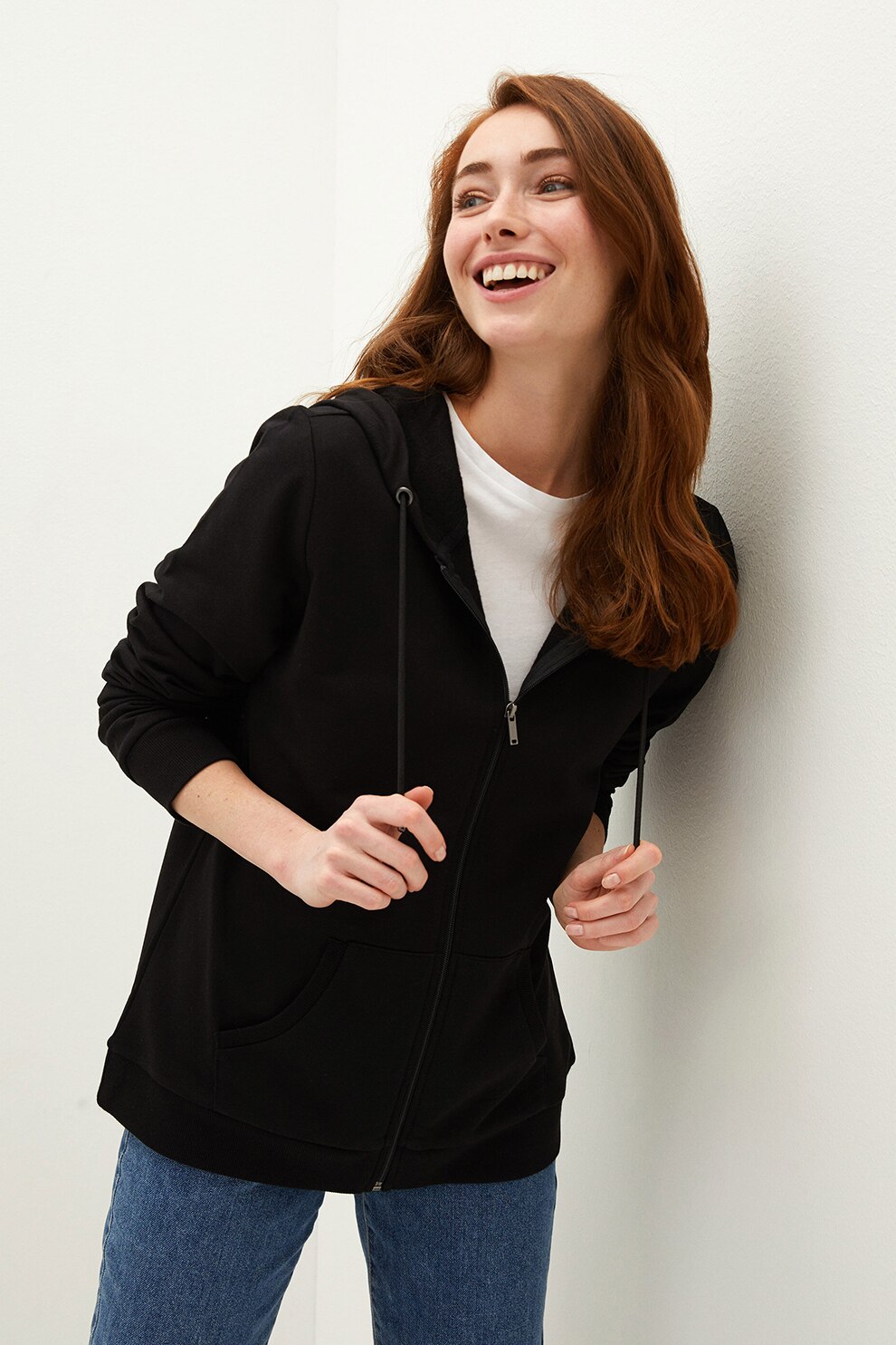 LC WAIKIKI, Hanorac din bumbac cu fermoar si snur de ajustare, Negru