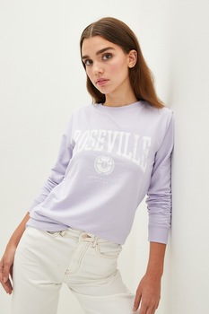 LC WAIKIKI, Bluza sport cu decolteu la baza gatului si imprimeu text, Lila LC WAIKIKI, Bluza sport cu decolteu la baza gatului si imprimeu text, Lila
