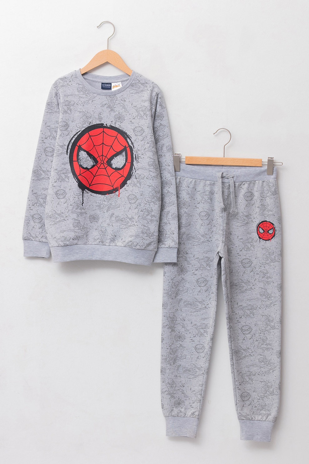 LC WAIKIKI, Pijama cu decolteu la baza gatului si imprimeu Spiderman, Gri/rosu vermilion