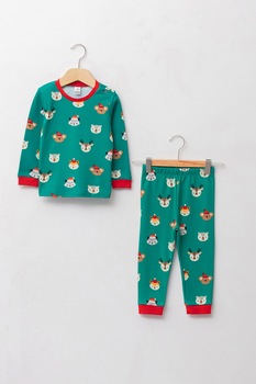 LC WAIKIKI, Pijama de bumbac cu animale, Verde/Rosu LC WAIKIKI, Pijama de bumbac cu animale, Verde/Rosu