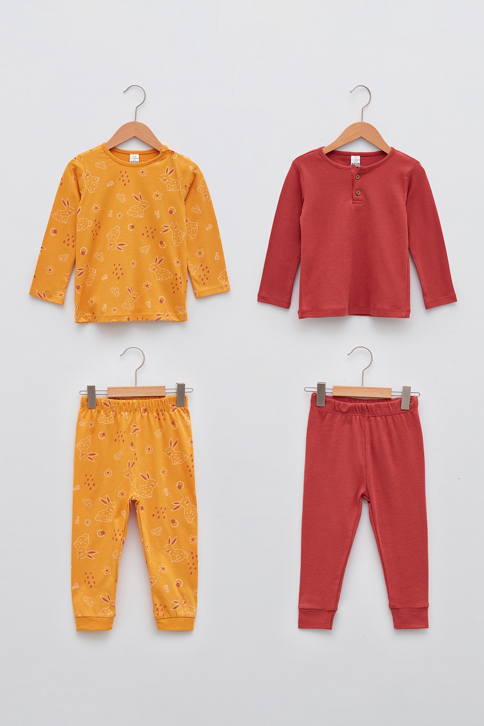 LC WAIKIKI, Set de bluza cu imprimeu si pantaloni, 4 piese, Galben mustar/Rosu stins