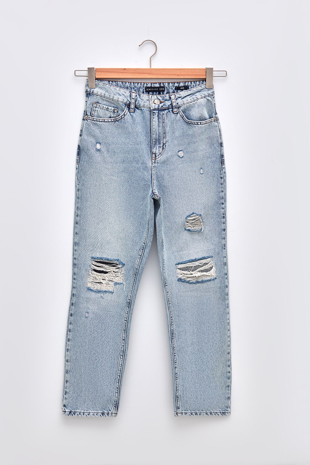 LC WAIKIKI, Blugi cu talie inalta si detalii deteriorate, Albastru deschis