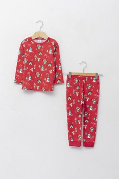 LC WAIKIKI, Pijama de bumbac cu imprimeu de Craciun, Rosu LC WAIKIKI, Pijama de bumbac cu imprimeu de Craciun, Rosu