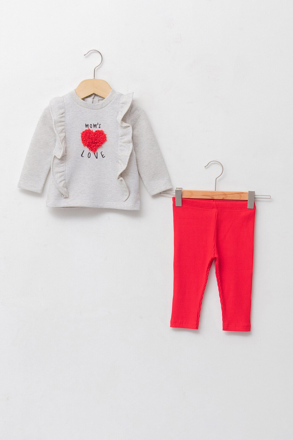 LC WAIKIKI, Set de bluza sport cu volane si colanti, 2 piese, Gri deschis/Rosu