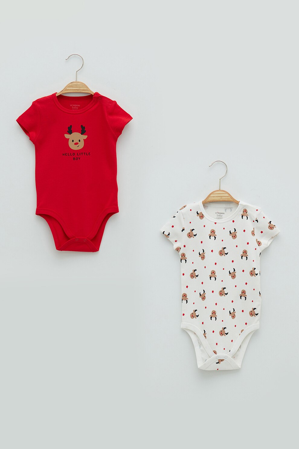 LC WAIKIKI, Set de body-uri din bumbac cu model de Craciun - 2 piese, Rosu/Alb