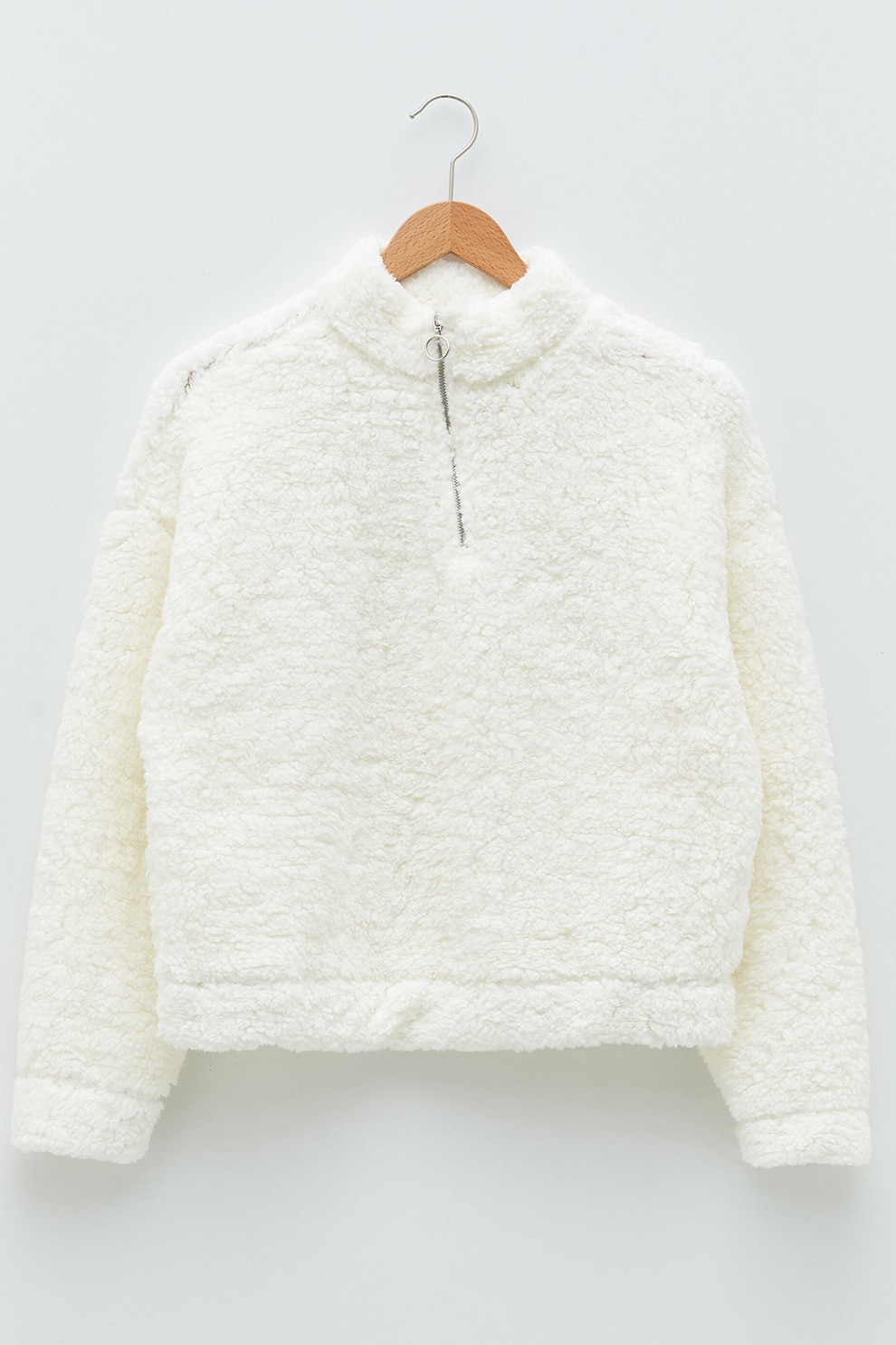 LC WAIKIKI, Bluza sport din material teddy cu maneci cazute, Alb