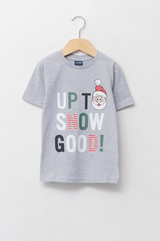 LC WAIKIKI, Tricou cu decolteu la baza gatului si text, Gri melange LC WAIKIKI, Tricou cu decolteu la baza gatului si text, Gri melange