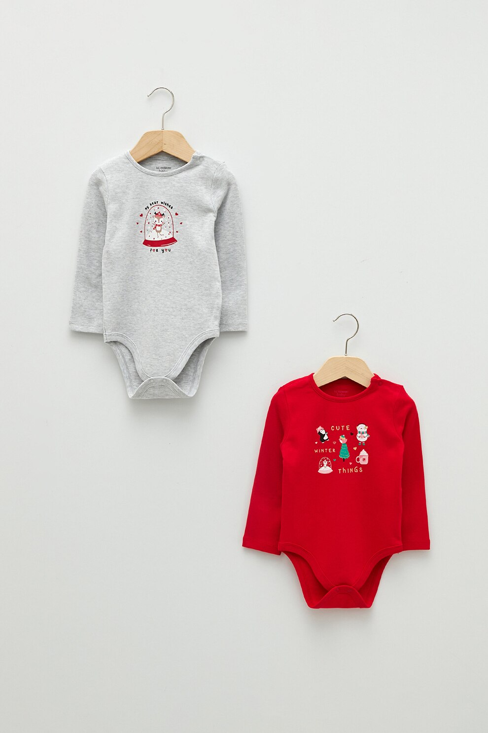 LC WAIKIKI, Set de body-uri cu imprimeu - 2 piese, Rosu/Gri melange