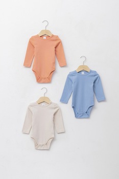 LC WAIKIKI, Set de body-uri din bumbac cu maneci lungi - 3 piese, Oranj persan/Bleu LC WAIKIKI, Set de body-uri din bumbac cu maneci lungi - 3 piese, Oranj persan/Bleu