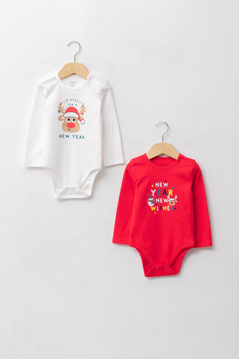 LC WAIKIKI, Set de body-uri cu imprimeu - 2 piese, Alb/Rosu