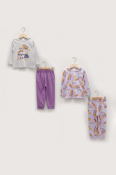 LC WAIKIKI, Pijama de bumbac cu imprimeu, 2 perechi, Lila LC WAIKIKI, Pijama de bumbac cu imprimeu, 2 perechi, Lila