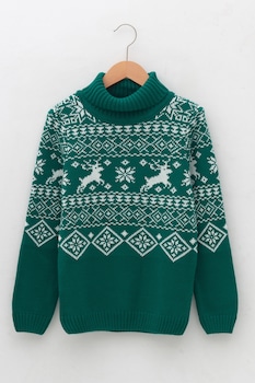LC WAIKIKI, Pulover cu guler inalt si tematica de iarna, Verde englez LC WAIKIKI, Pulover cu guler inalt si tematica de iarna, Verde englez