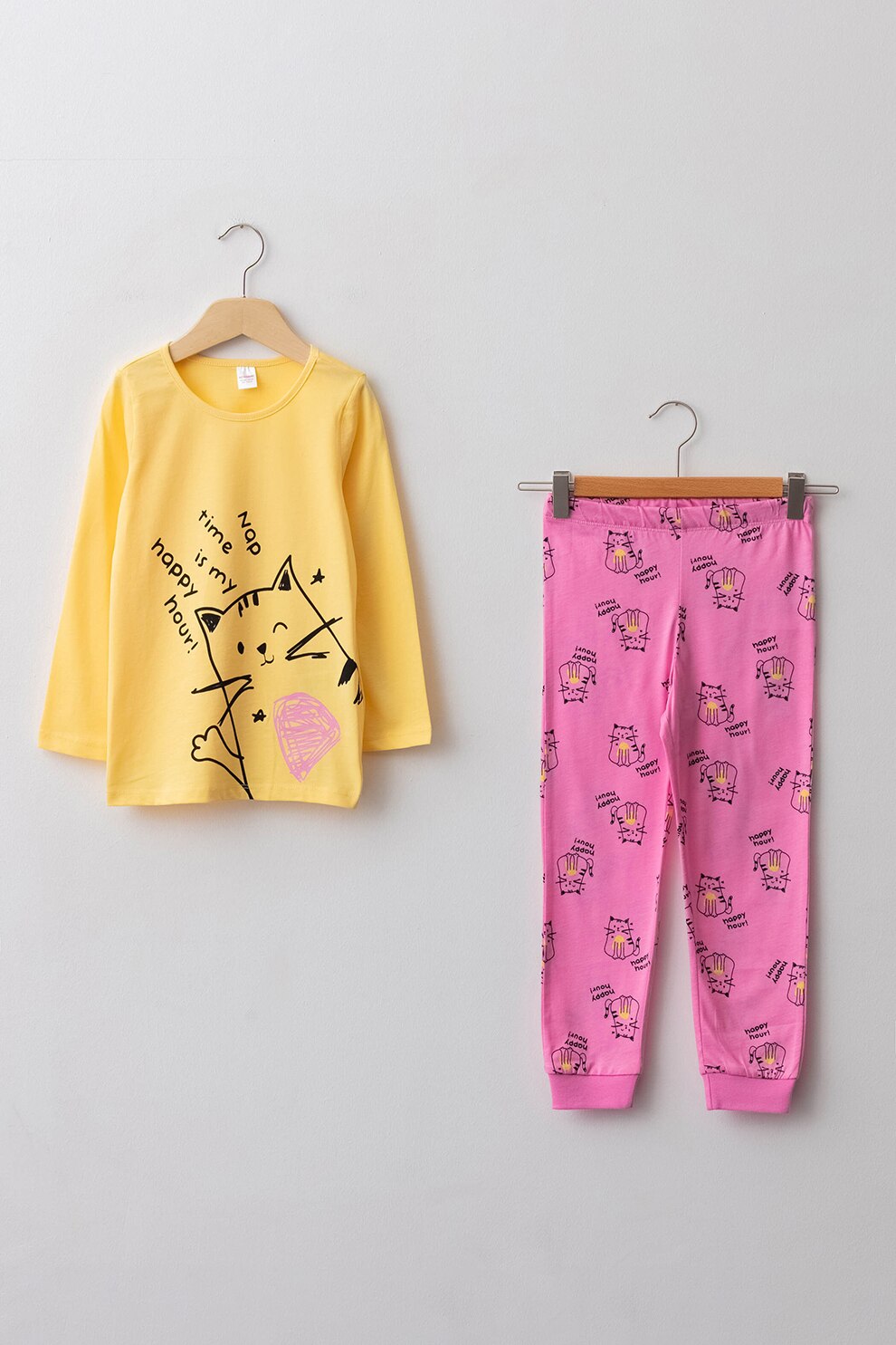 LC WAIKIKI, Pijama de bumbac cu model grafic, Fucsa/Galben pal