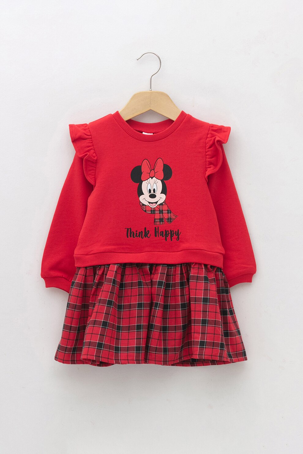 LC WAIKIKI, Rochie cu aspect 2in1 si imprimeu Minnie Mouse, Corai/Negru stins