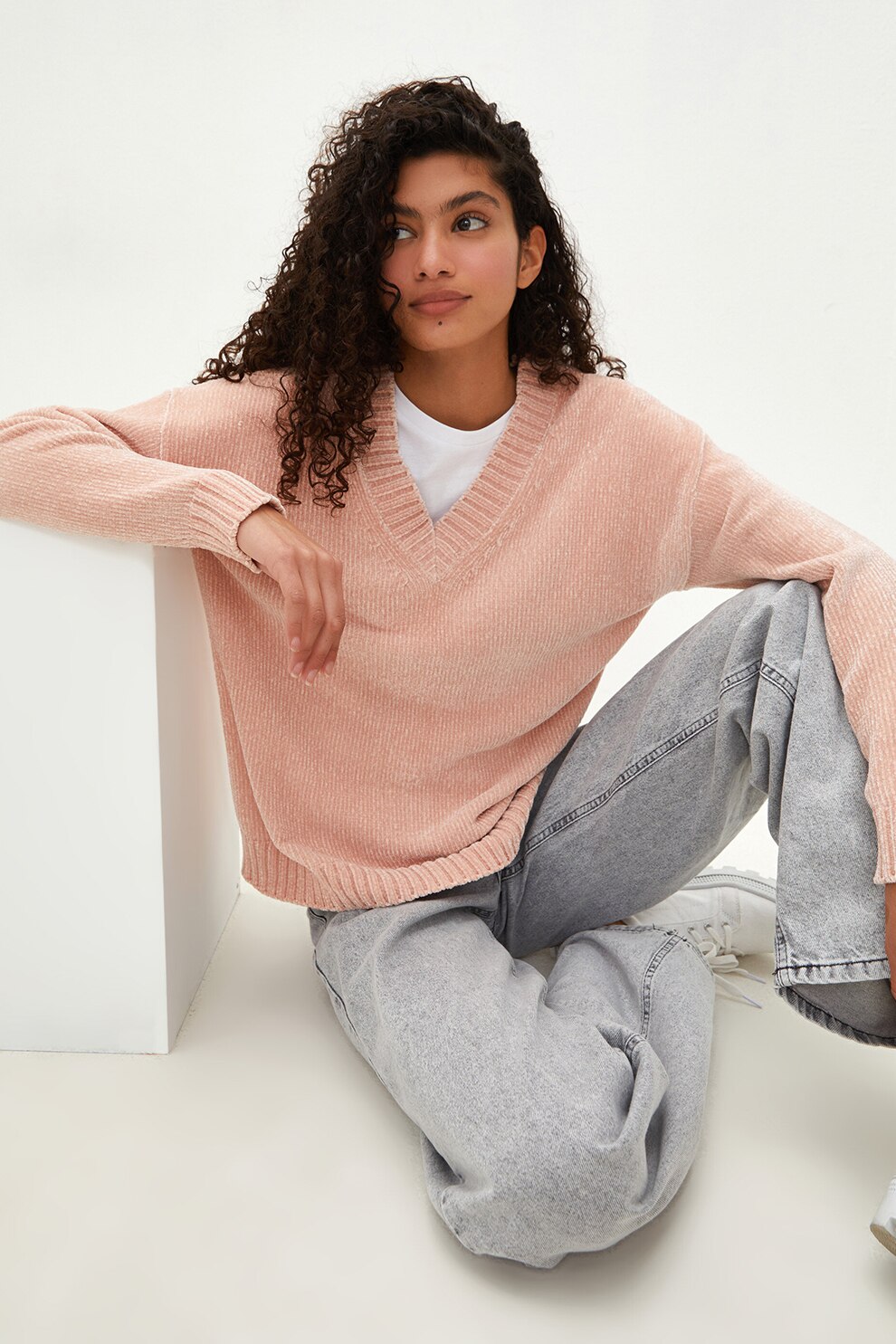 LC WAIKIKI, Pulover lejer cu decolteu in V si maneci cazute, Roz somon